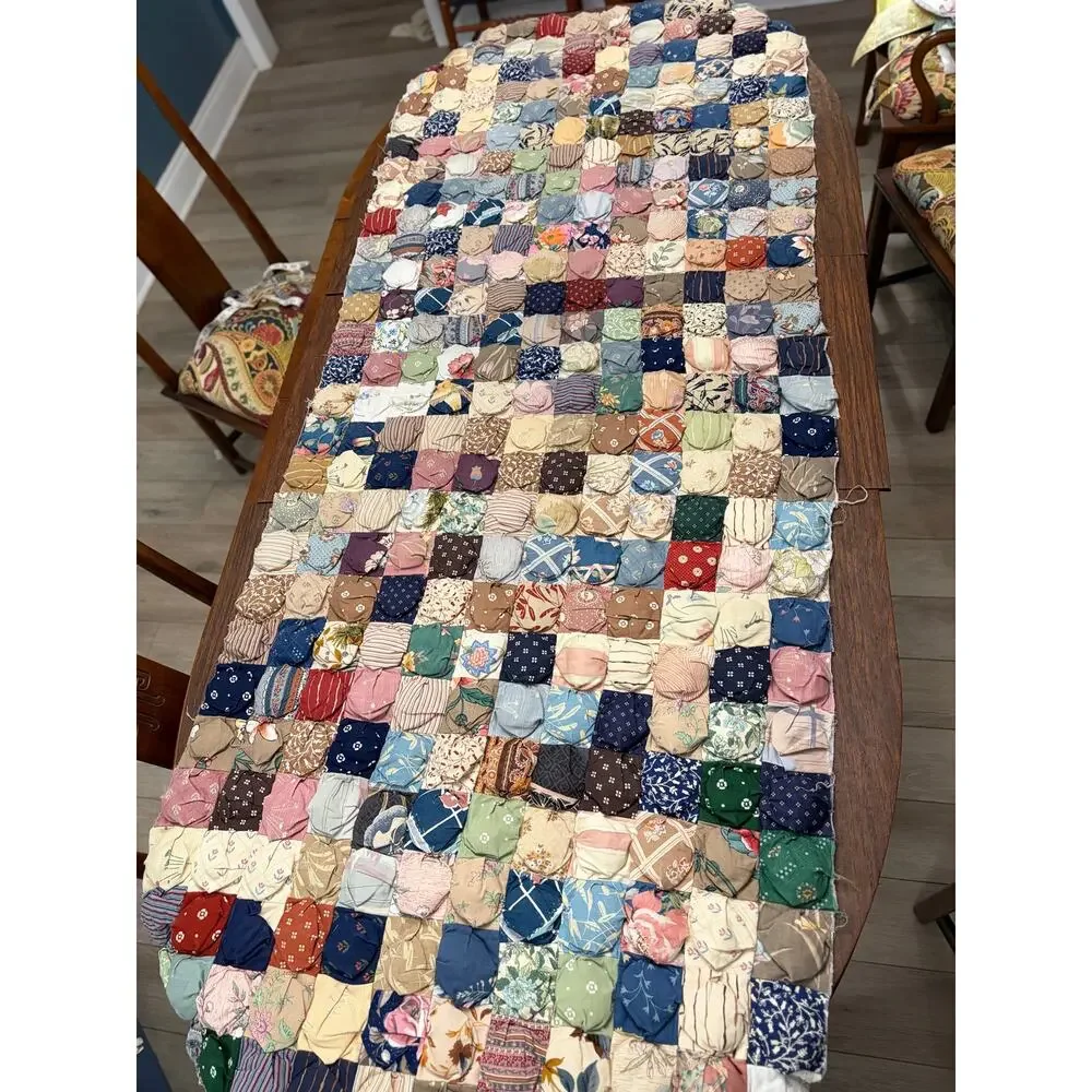 Vintage YoYo/ Biscuit Hand Made Unfinished Quilt 35”x70”